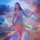 Digital Artwork: Woman in Luminescent Garments with Ethereal Blossom Branches