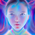 Neon-colored female face with glowing droplets in digital art