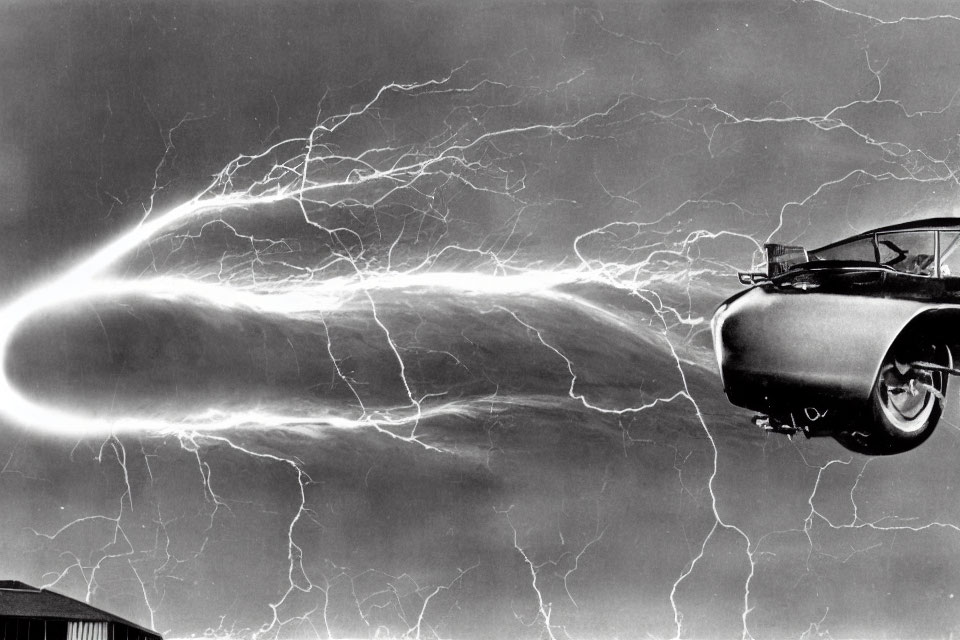 Monochrome image of car propelled by light with intricate lightning network