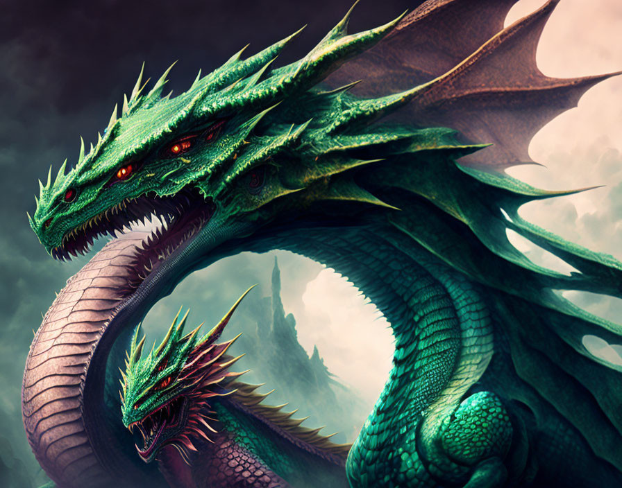 Digital artwork: Two-headed green dragon with glowing red eyes, sharp spikes, scales, stormy sky