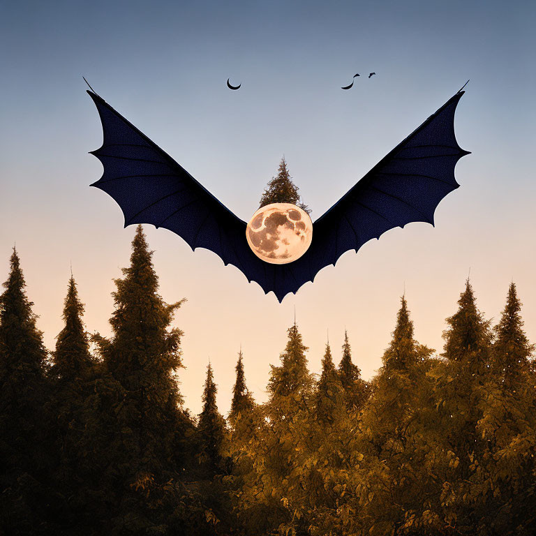 Large Bat Silhouette Flying Against Twilight Sky with Full Moon and Tall Trees