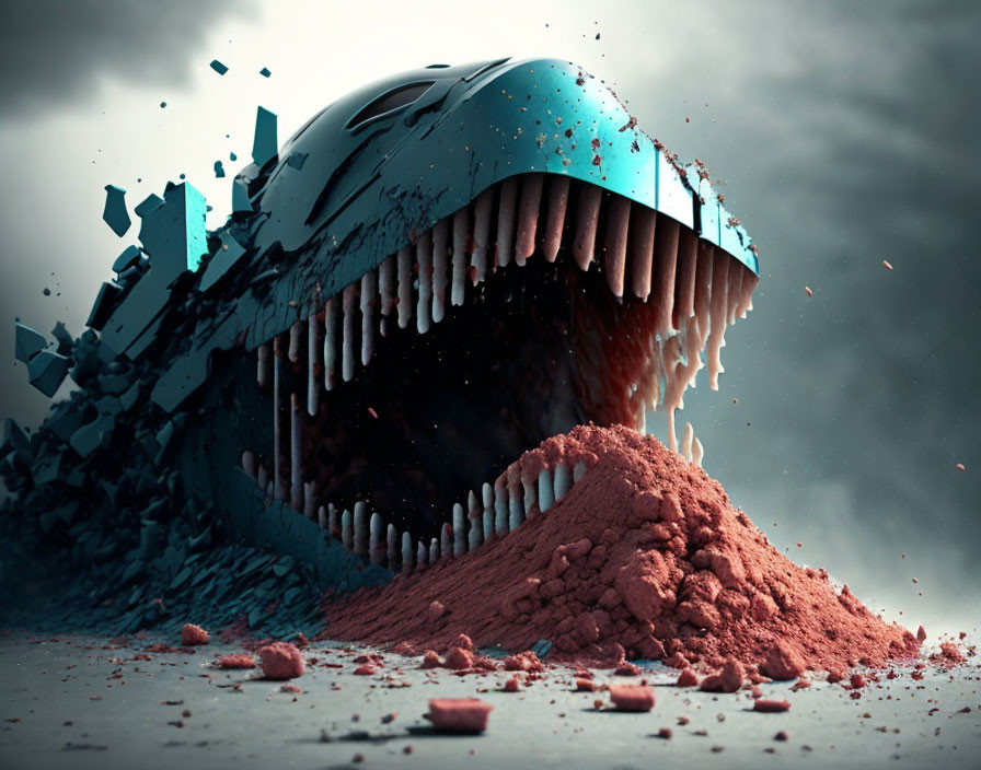 Sharp-toothed creature emerging from red soil in digital art piece