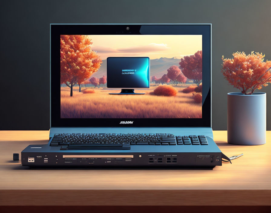 Laptop on Desk with Autumn Wallpaper and Operating System Update Window