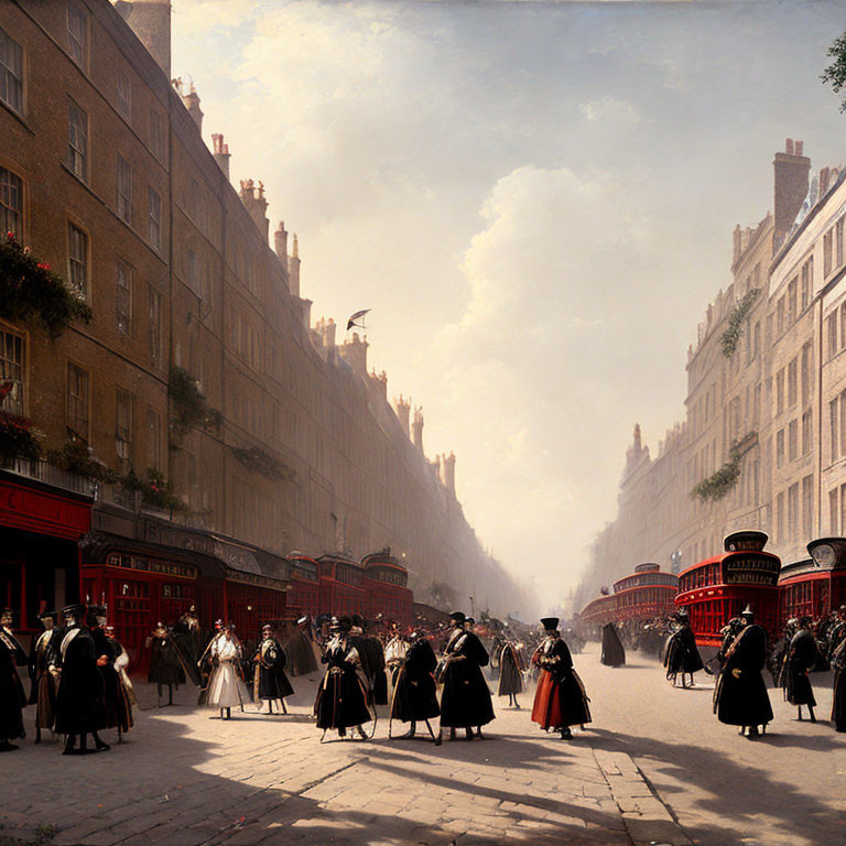 Victorian-era street scene with horse-drawn carriages and brick buildings