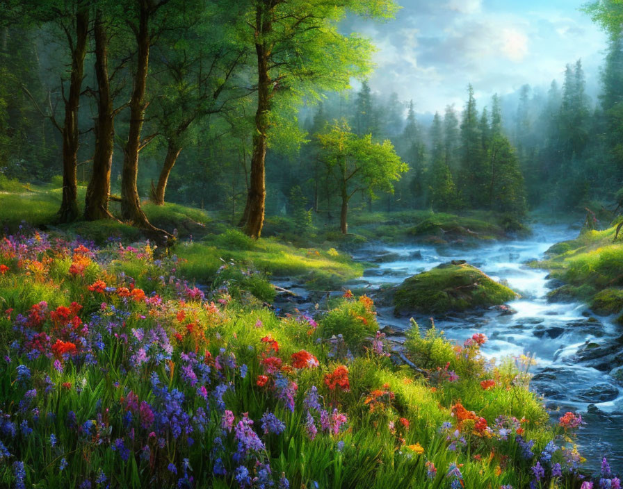 Tranquil forest brook with lush greenery and wildflowers