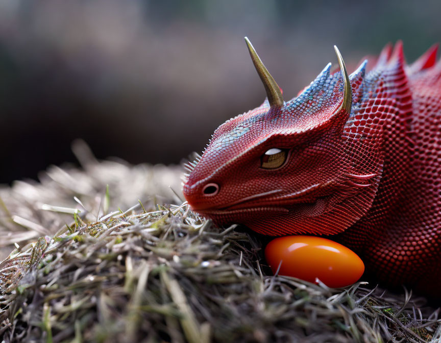 Red Toy Dragon Guarding Orange Egg on Straw Bed