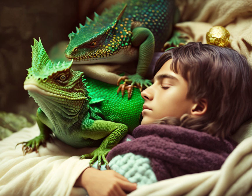 Child Sleeping Among Realistic Green Toy Dragons