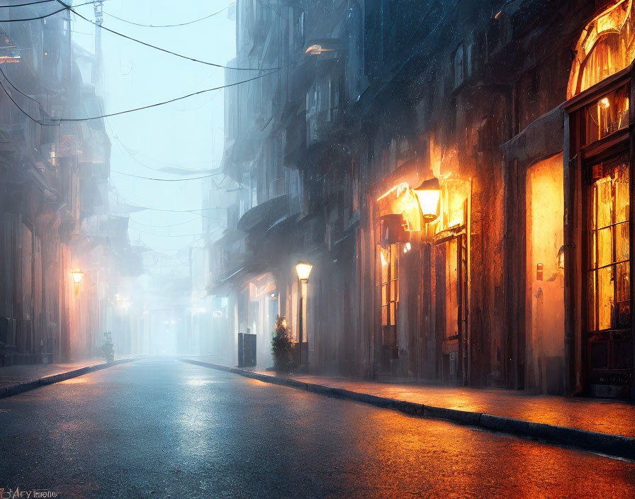 Misty cobblestone street with old buildings and lanterns at twilight