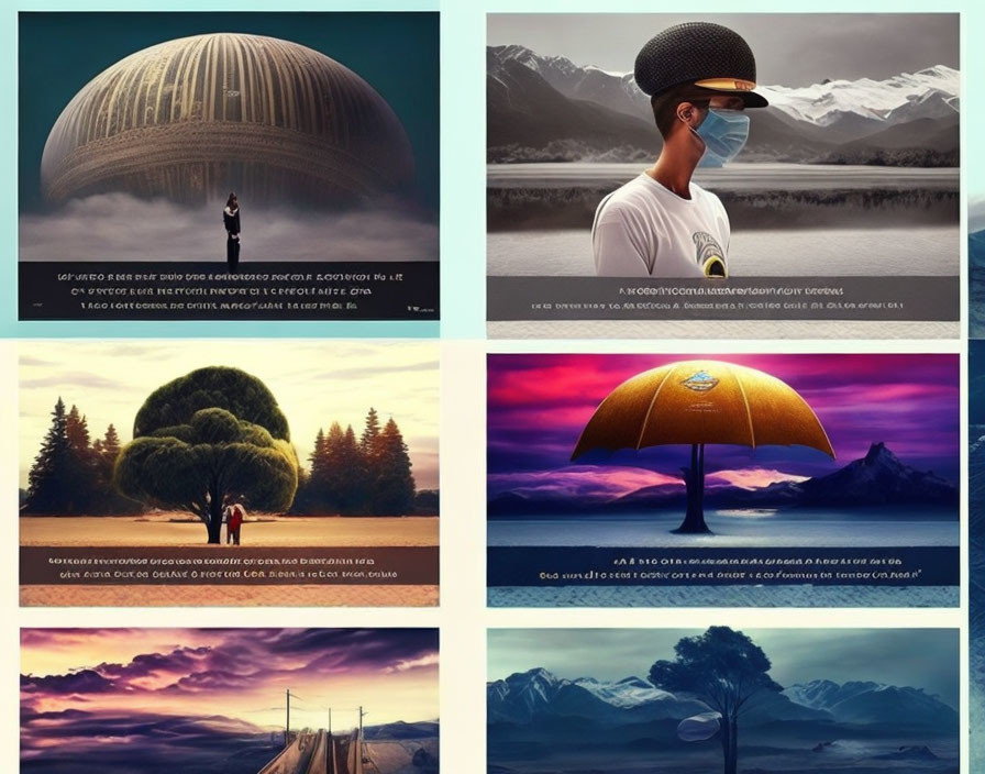 Surreal landscape artworks with giant objects: person on lamp, VR headset figure, oversized umbrella,