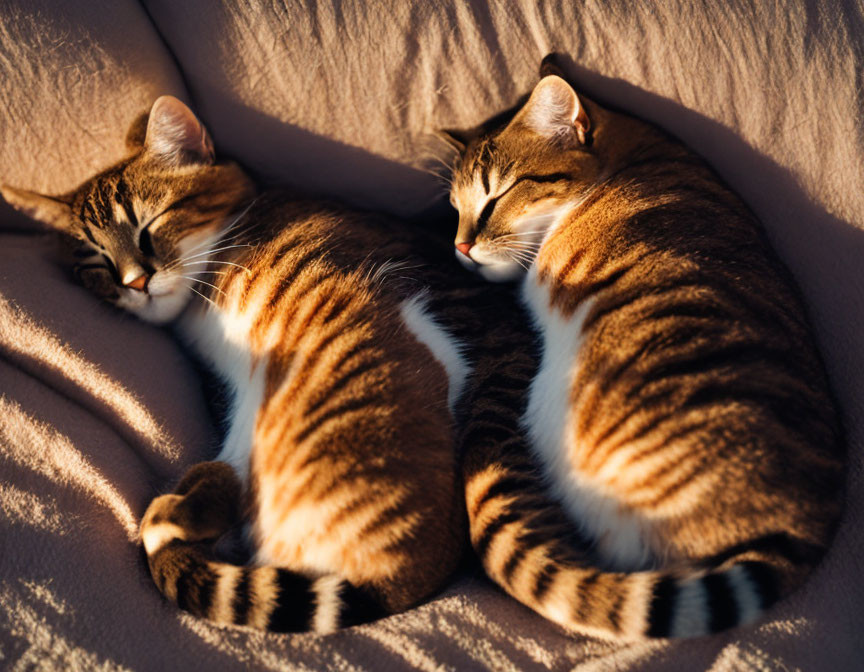 Tabby Cats Cuddling in Sunlight on Cozy Surface