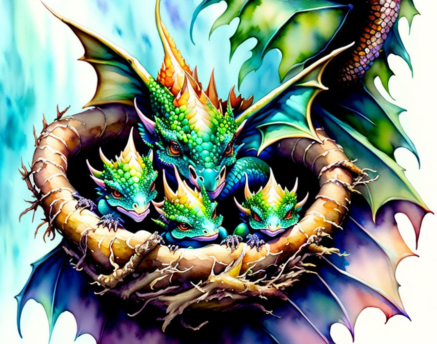 Dragon family artwork: Parent and three smaller dragons with green scales on a tree branch