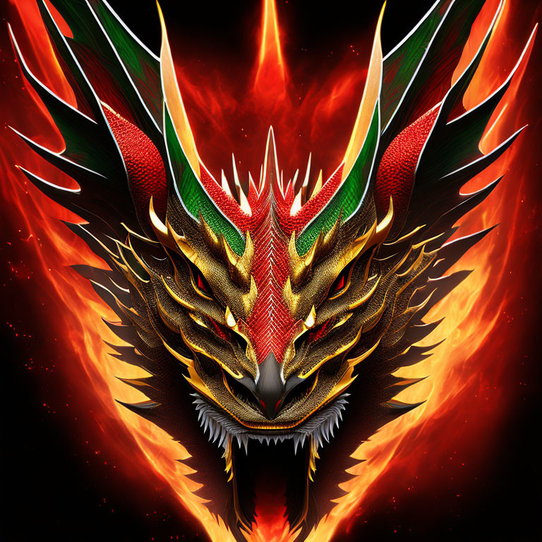 Vibrant dragon head digital illustration with red eyes and flames on dark background