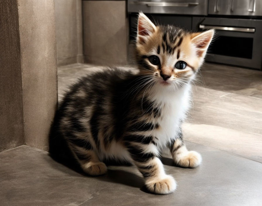 Striped Kitten with Black, White, and Brown Fur on Tile Floor