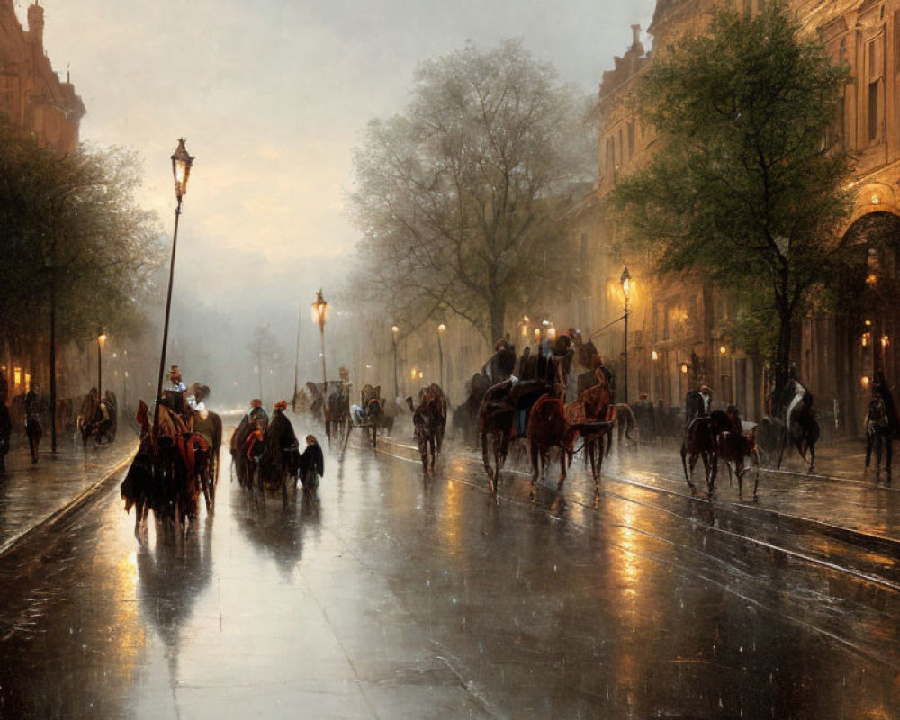 Rainy street scene with horses, carriages, and elegant buildings.