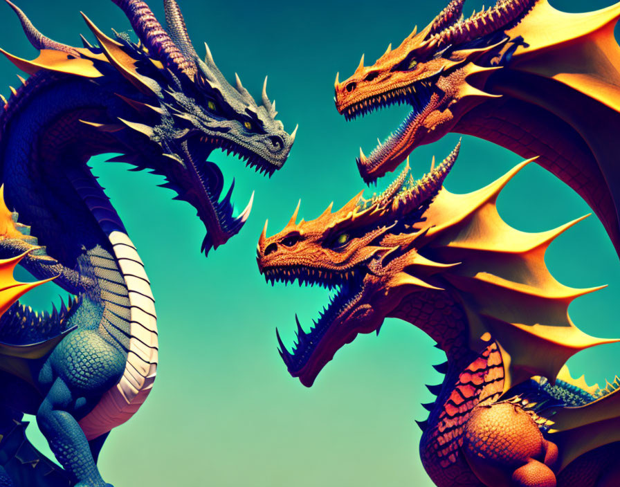 Colorful Dragons in Intense Standoff Against Teal Sky