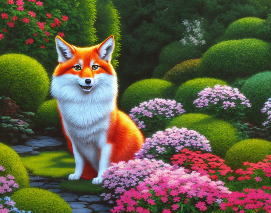 Colorful Illustration: Red Fox in Lush Garden with Flowers