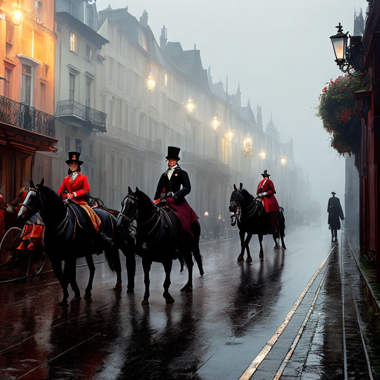 Three riders on horseback in period attire on foggy cobblestone street