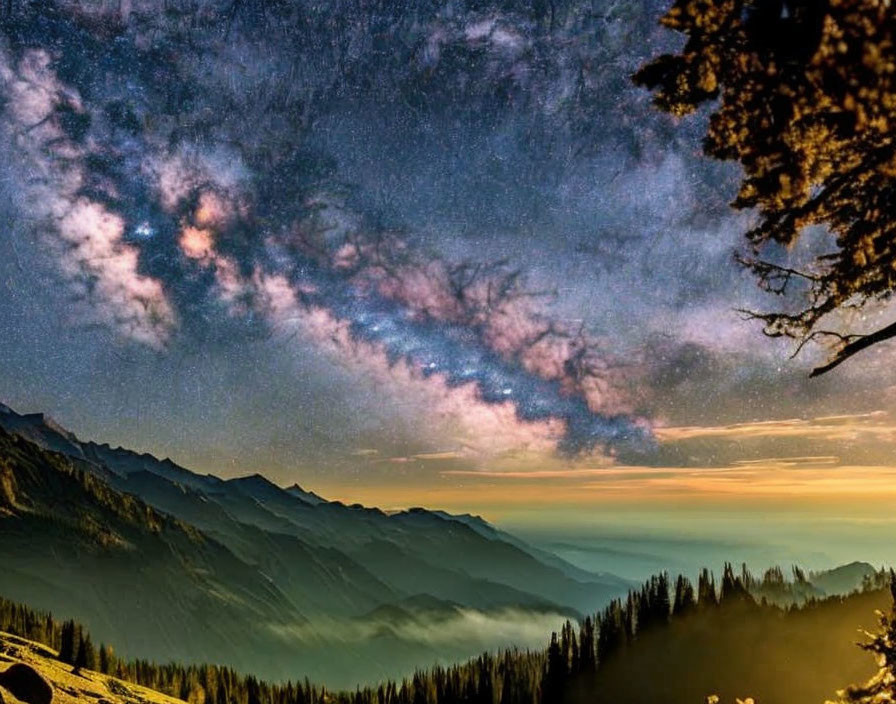 Night Sky: Milky Way over Silhouetted Mountains and Tree at Dawn