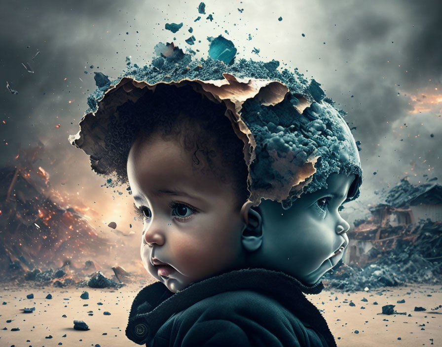 Surreal depiction of child with cracked head revealing apocalyptic landscape