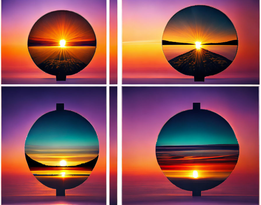 Circular Frames of Sunset Landscapes with Mountains and Water Reflections on Vibrant Skies