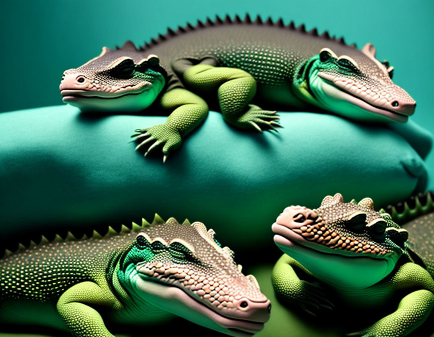 Toy crocodiles on green cushions against teal background showcase detailed texture and realism