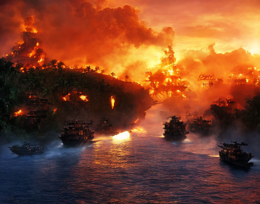 Burning Coastal Village Scene at Dusk: Flames, Smoke, Fleeing Boats