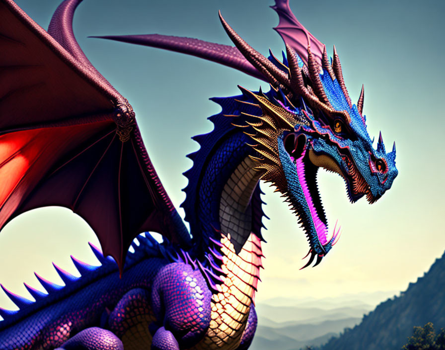 Colorful digital artwork: Blue and purple dragon with wings, mountain backdrop at dusk