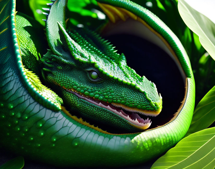 Vibrant green dragon in lush leaves with glistening scales