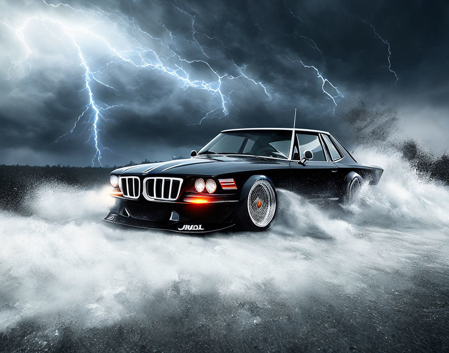 Vintage black BMW car racing on wet surface under dramatic night sky with lightning bolts