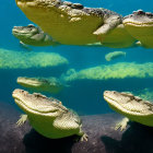 Toy crocodiles on green cushions against teal background showcase detailed texture and realism