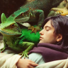 Child Sleeping Among Realistic Green Toy Dragons