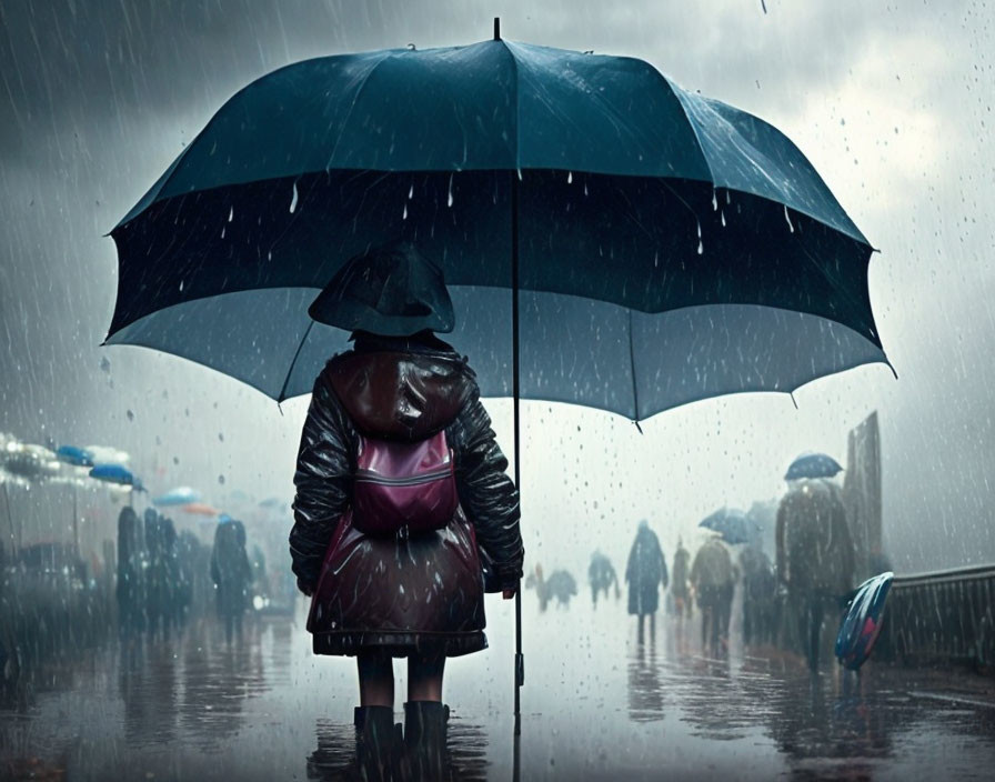 Person in Dark Coat with Umbrella in Heavy Rain