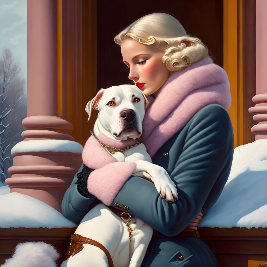 Vintage-dressed woman hugs white dog in snowy landscape