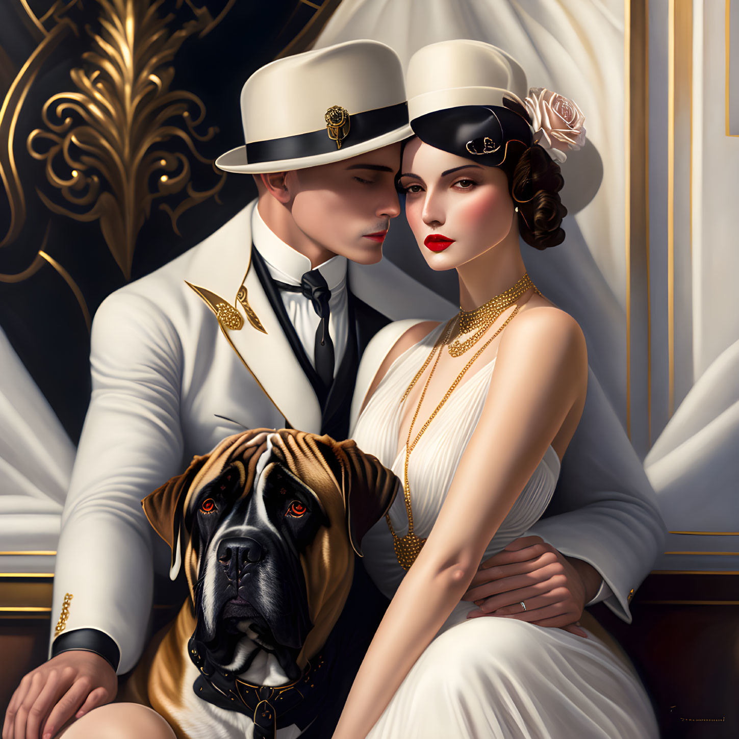 Vintage Attired Couple Embracing with Dog in Luxurious Setting