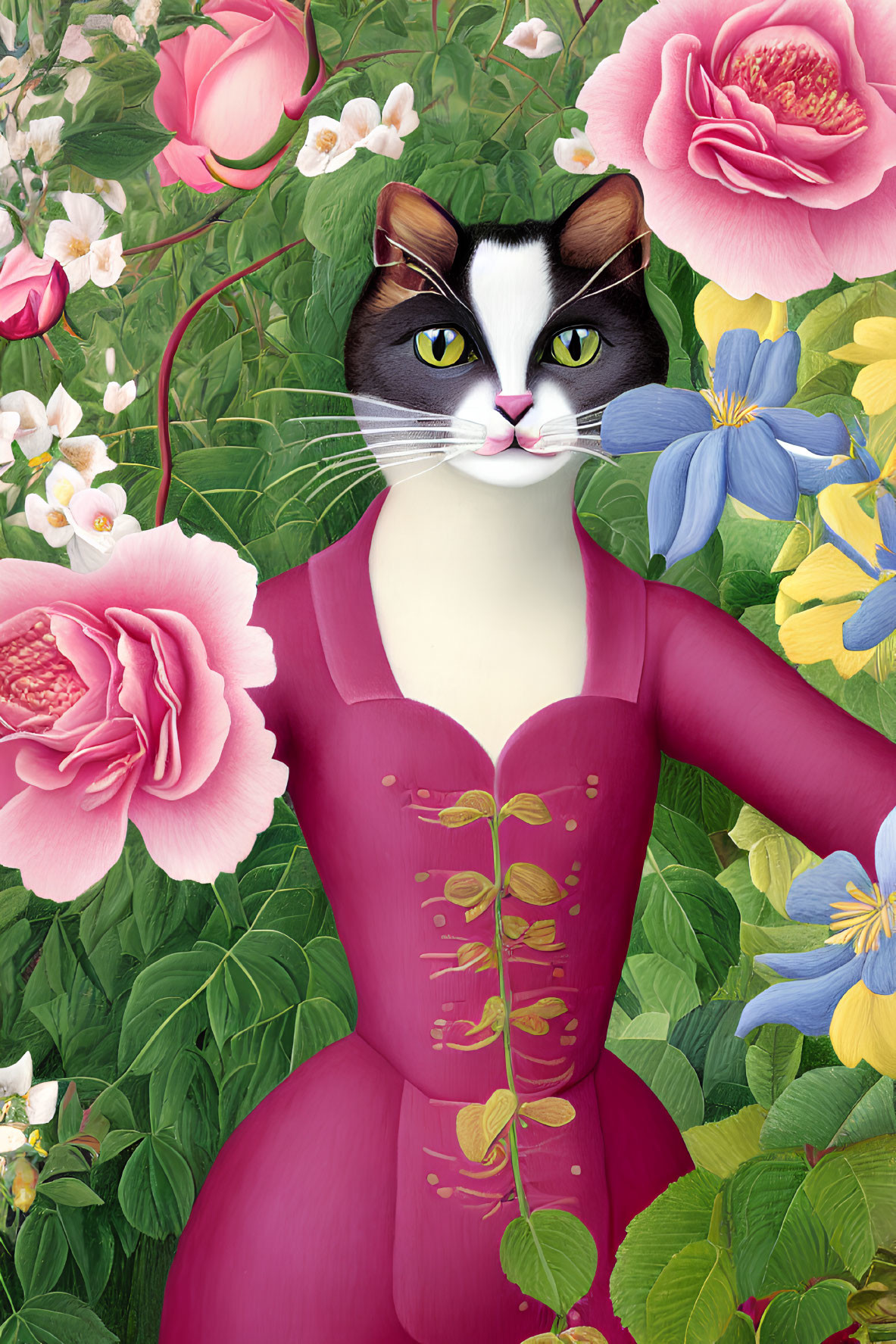 Illustration of cat-human hybrid in pink corset dress among roses