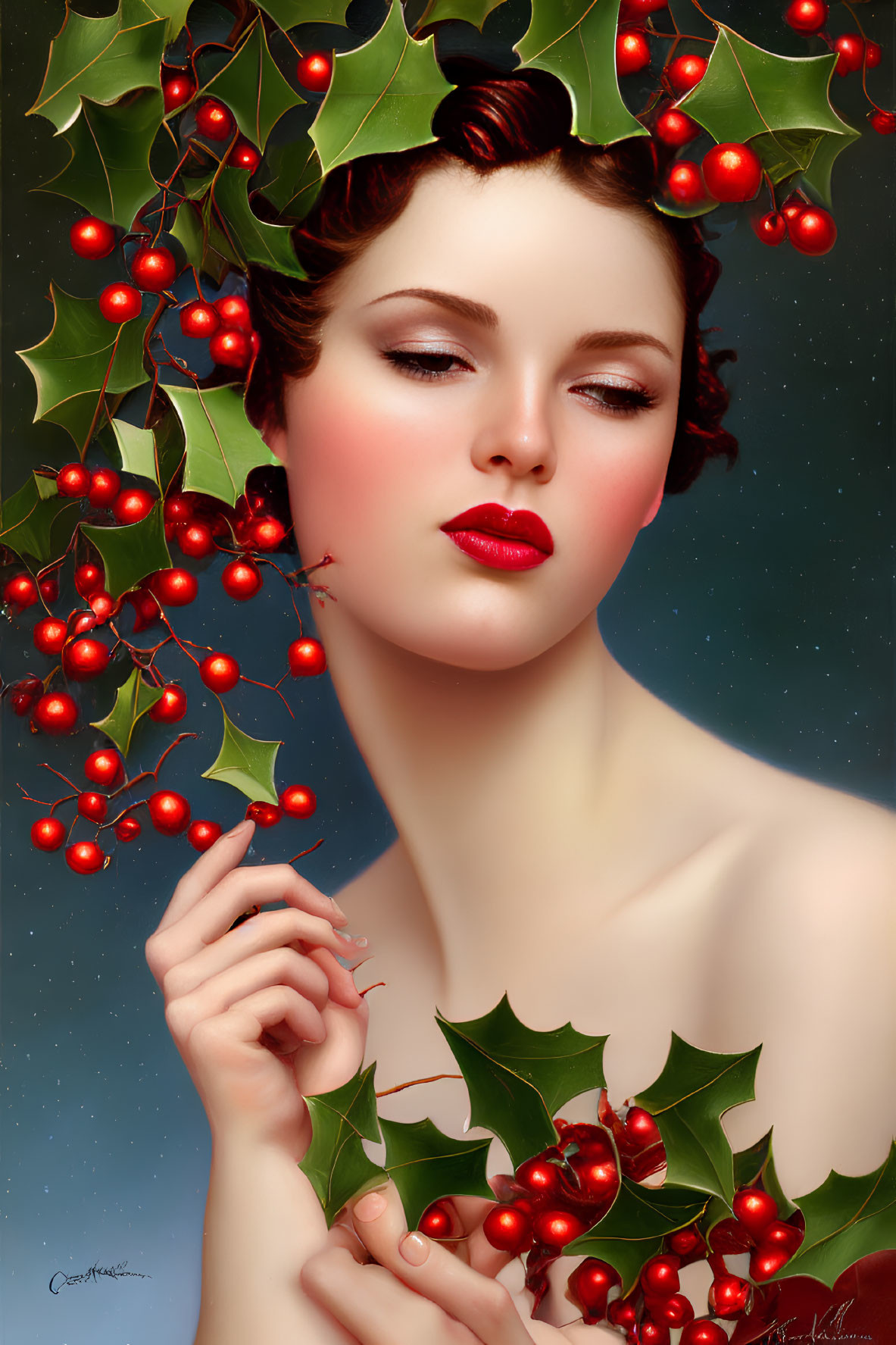 Woman with Holly Wreath and Red Berries in Hair on Starry Background