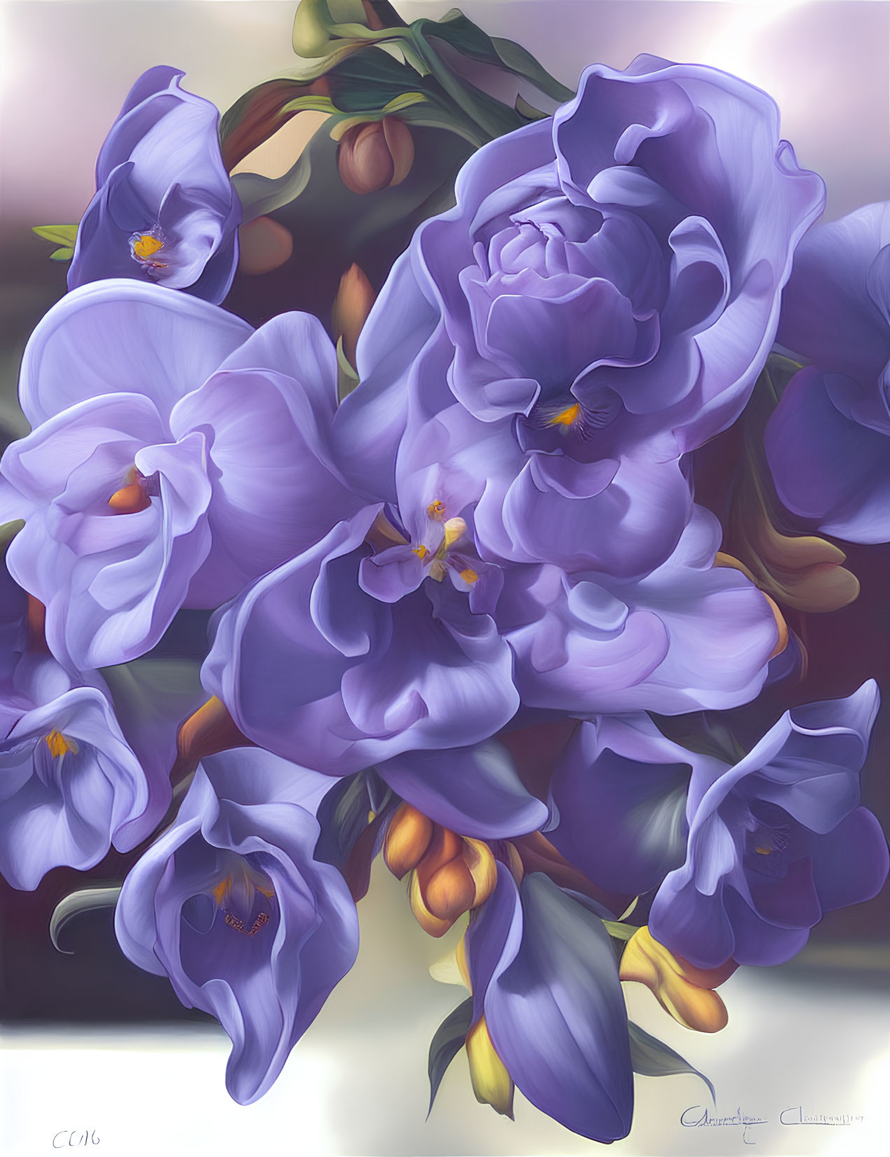 Lush Purple Orchids Digital Painting with Soft-focus Background