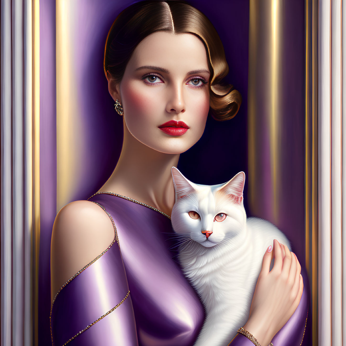 Vintage-inspired woman with white cat in purple dress against striped backdrop