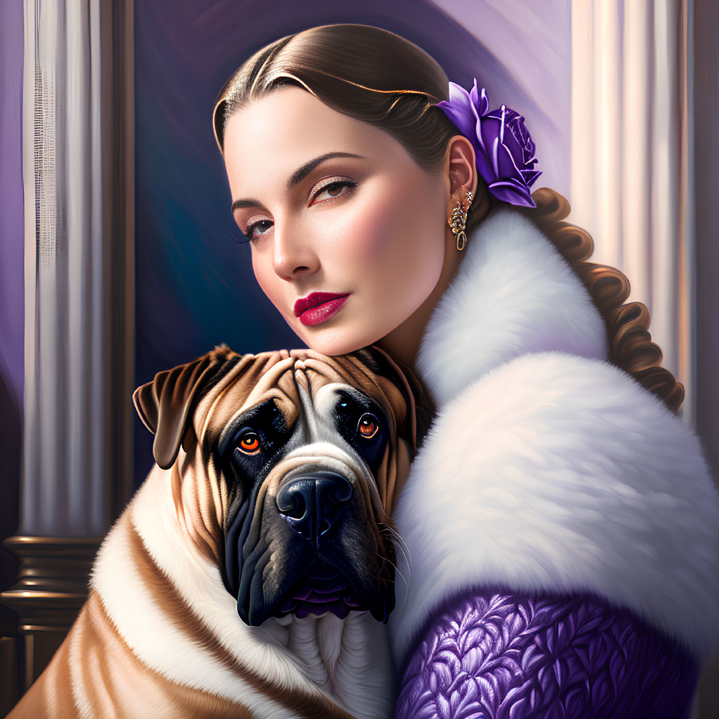 Woman with purple flower in hair and fur wrap seated with brindle mastiff