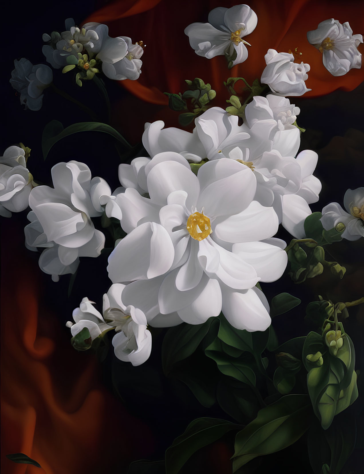 White Flowers Painting with Yellow Center on Dark Background