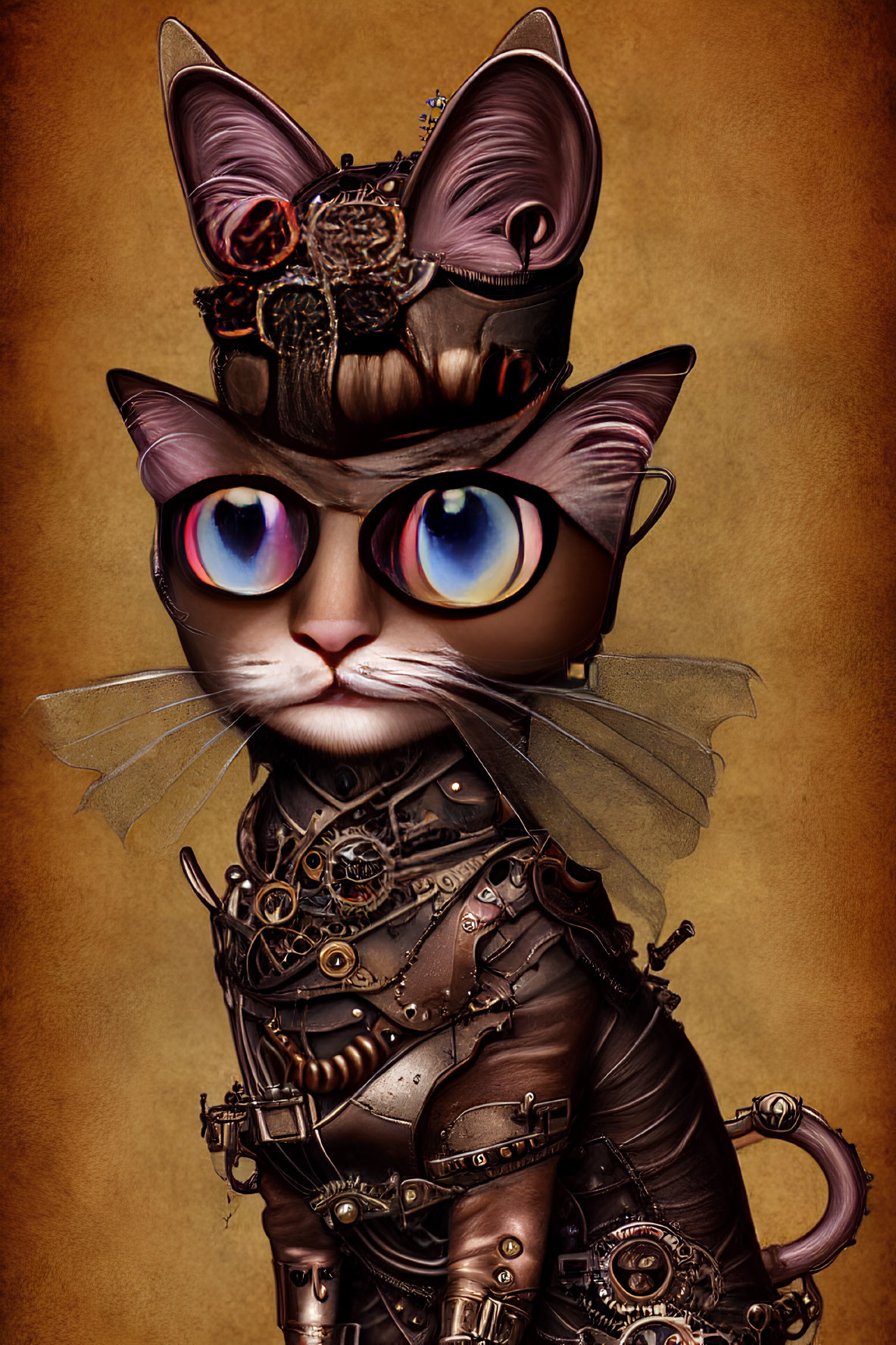 Steampunk-inspired cat illustration with goggles and gear-based armor