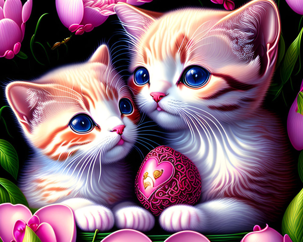 Wide-eyed kittens with heart-shaped object among pink flowers