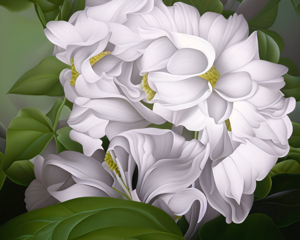 Detailed digital artwork of white magnolia flowers and green leaves.