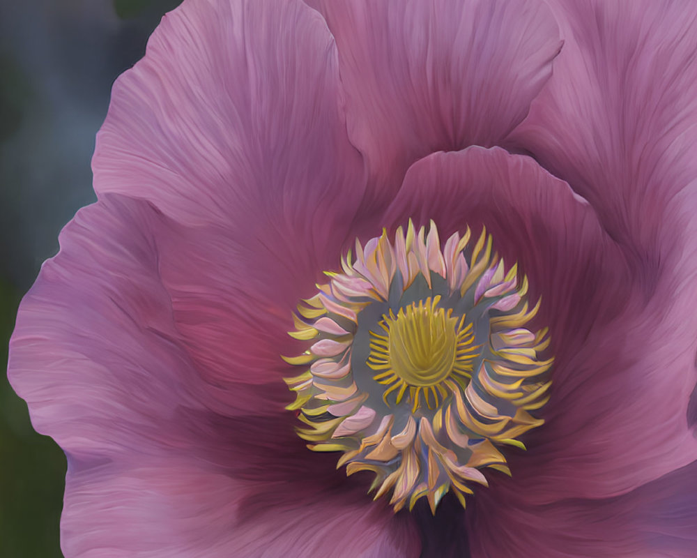 Detailed Illustration of Large Pink Blossom with Multilayered Petals and Complex Yellow-Green