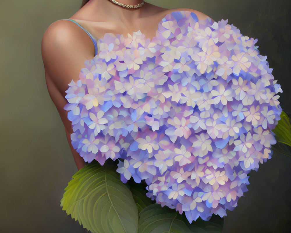 Serene woman holding purple hydrangeas, one in her hair