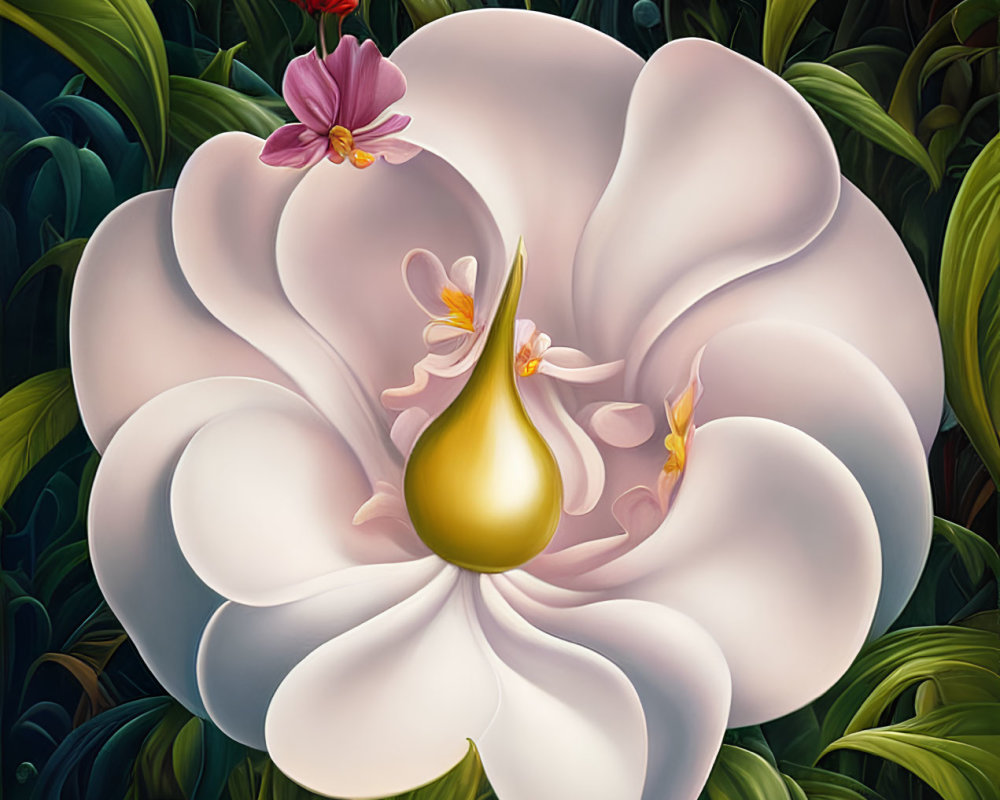 Colorful Surrealist Painting of Large White Flower with Golden Center