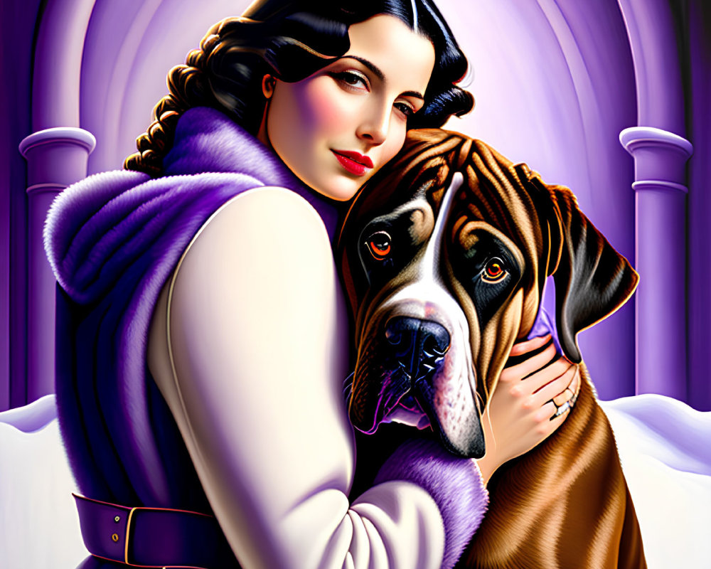 Illustration of woman with dark hair in violet outfit hugging dog under purple arch.