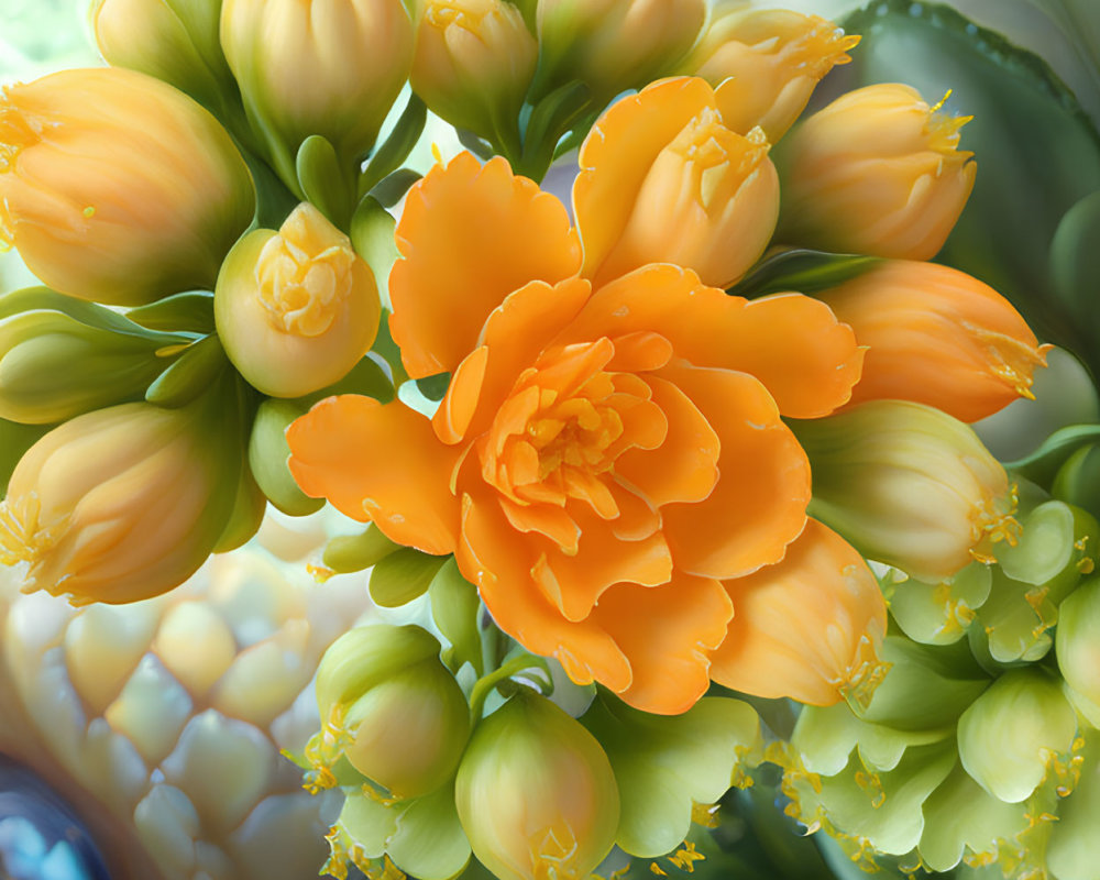 Detailed Description of Vibrant Orange Flower and Budding Flowers in Lush Green Foliage