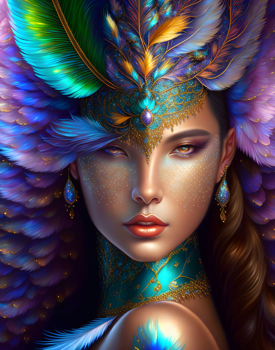 Digitally illustrated woman with vibrant headdress and golden jewelry