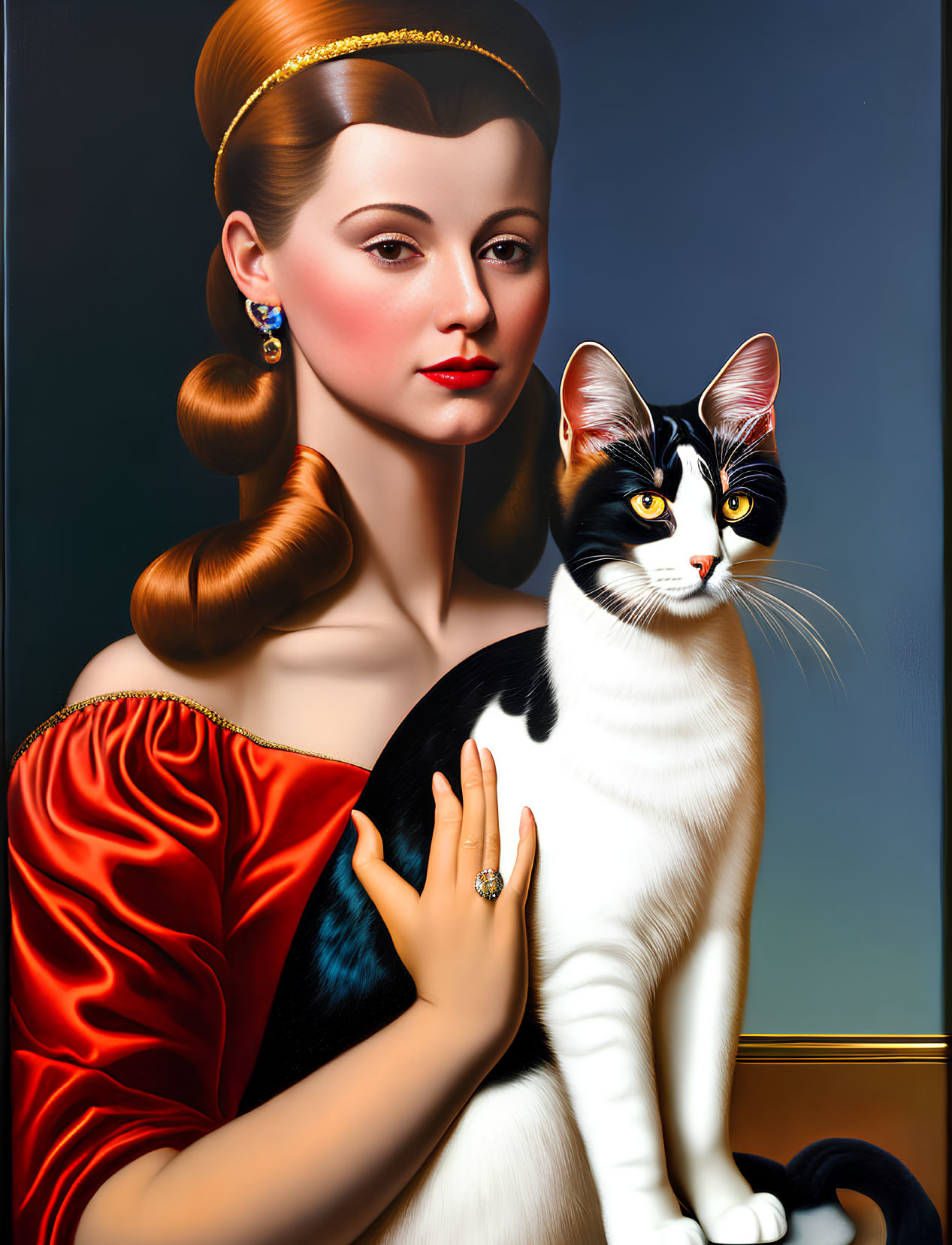 Stylized portrait of woman with vintage hairstyle, wearing red with black and white cat